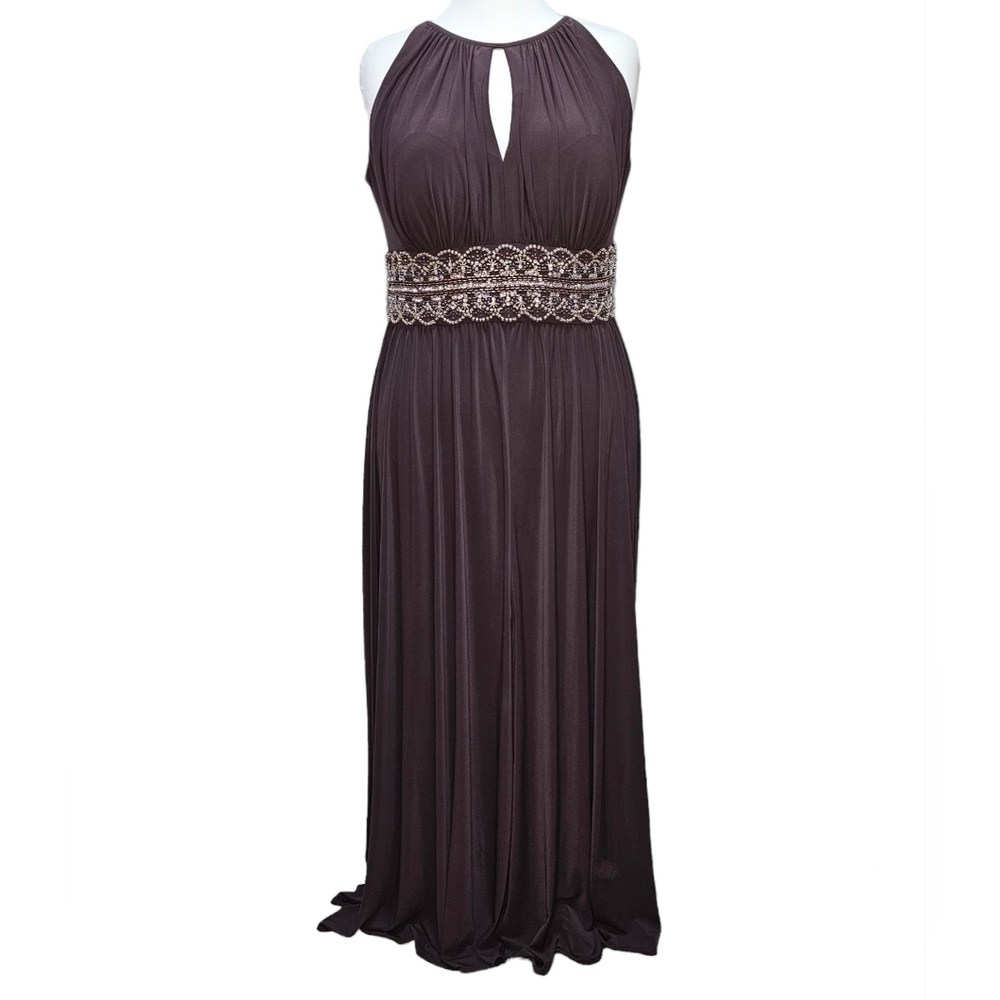 R&M Richards Women Maxi Plum Prom Dress with Front Slit Beaded Waistband 14W
